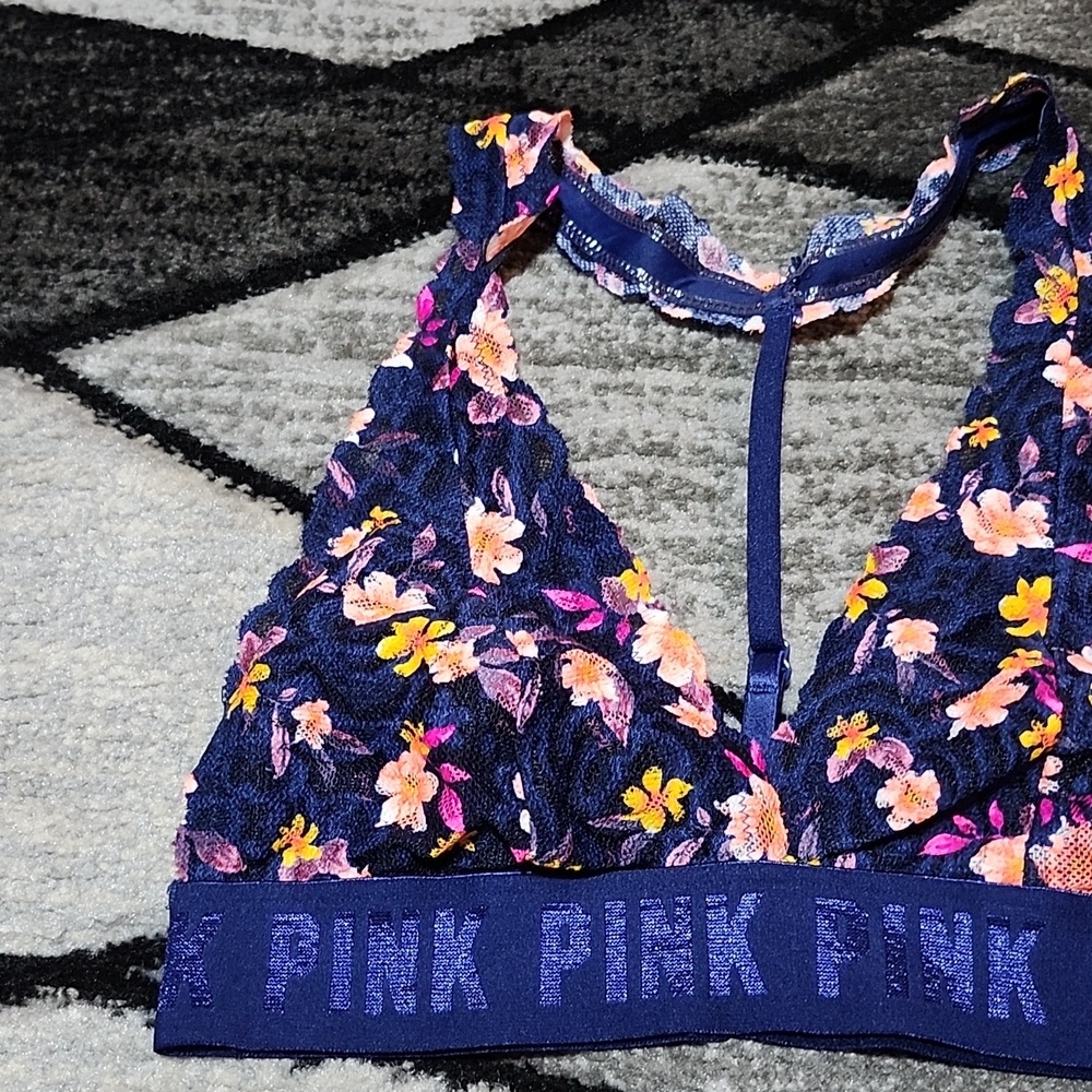Vs Pink Stappy Blue Lace Floral Unlined Halter Triangle Bralette View 2